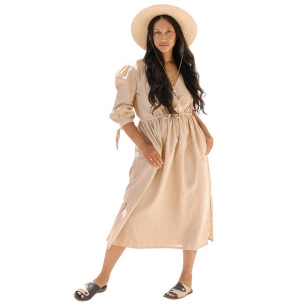 NEW Myrah Penaloza Valentina Linen Midi Slit Dress in Clay